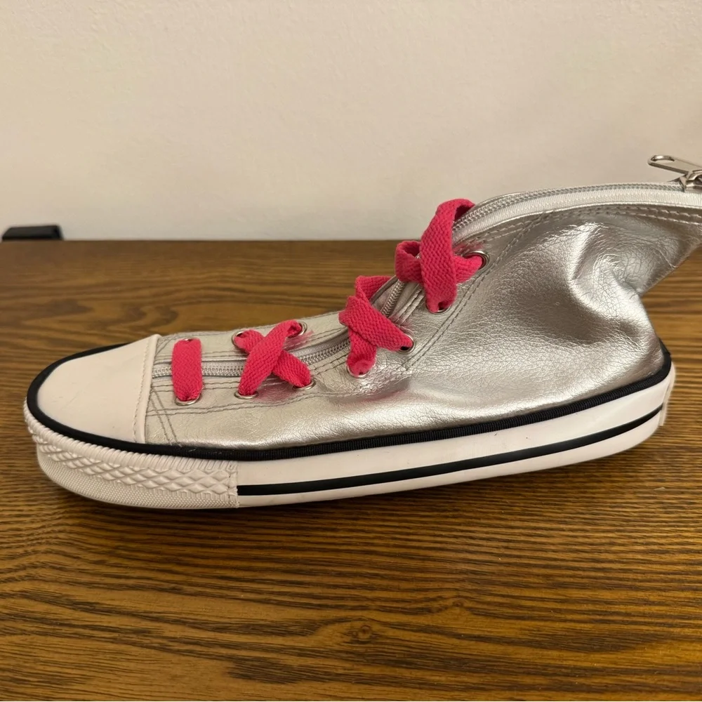 Converse Metallic Silver High-Top with Pink Accents shoe shaped pencil case. EUC